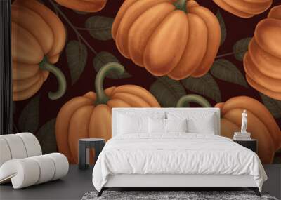 Fall Seamless pattern with orange pumpkin and leaf in cartoon style. Hand drawn endless dark holiday background design. Dark mystical texture surface for autumn textile and spooky season crafts. Wall mural