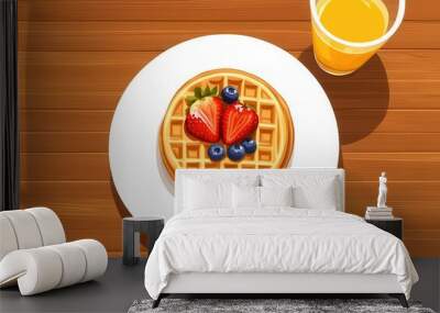 Belgian waffles and raspberries and blueberries on a white plate with a glass of juice on a wood background, tasty breakfast Wall mural