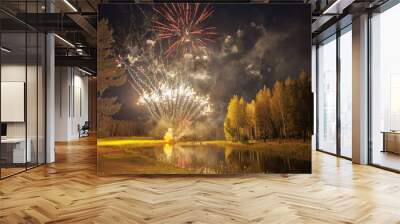 Colorful fireworks burst over a serene lake surrounded by trees Wall mural