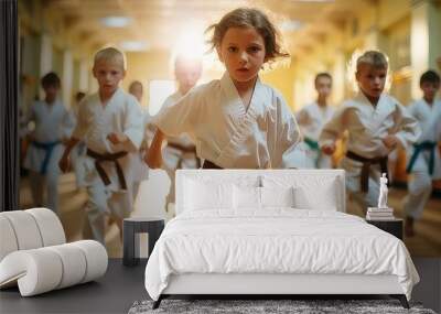 Dedicated group of children practicing karate techniques in a traditional dojo setting Wall mural