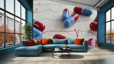 Electrocardiogram and medical pills for treatment of heart diseases Wall mural