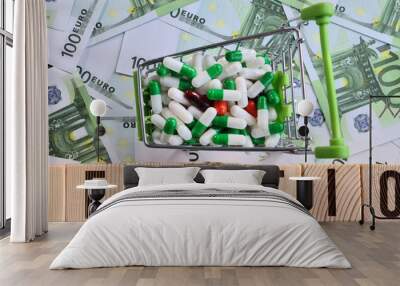 Money for medicines for health and inflation rise in price of pills Wall mural