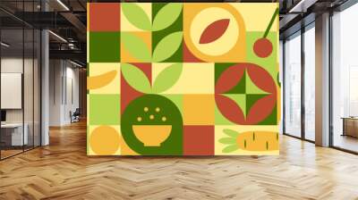 Food - set of geometric shapes, circles and squares drawn in flat cartoon vector. Fruits and vegetables in the modern trendy style of the 70s - apple, orange, lemon, cherry and peas. Wall mural