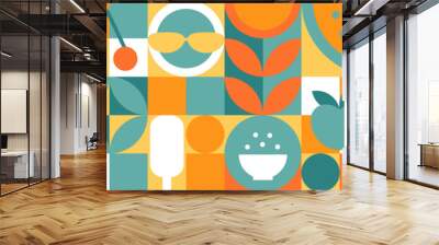 Food - set of geometric shapes, circles and squares drawn in flat cartoon vector. Fruits and vegetables in the modern trendy style of the 70s - apple, orange, lemon, cherry and peas. Wall mural