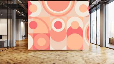 Pink geometric background with circles and squares, Peach Fuzz color background 2024 year. Scandinavian pattern in the style of the 70s and 60s, retro texture in peach and salmon shades. Wall mural