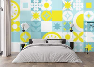 Seamless geometric summer background from flowers ornament, bright textiles and wallpaper. Daisies and bells in yellow and blue sunny shades for packaging goods and gifts. Wall mural