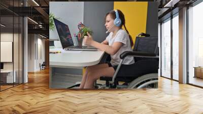 Young Girl in Wheelchair Using Laptop Wall mural