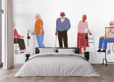 Aged people with assistive devices. Vector illustration in cartoon flat style of senior people with crutches, canes, walkers and wheelchairs, and nurses. Isolated on transparent background. Wall mural