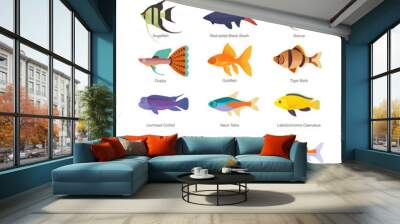 Aquarium freshwater fish set. Vector illustration of different types of fish, such as Angelfish, Red-tailed Black Shark, Discus, Guppy, Goldfish, Tiger Barb and Lionhead Cichlid. Isolated on white. Wall mural