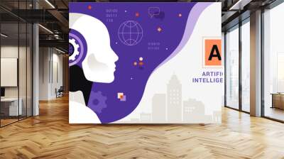 Artificial Intelligence concept. Vector cartoon illustration in a flat style of a robot head in profile generates various tasks. Isolated on abstract contrast white and blue background with text Wall mural