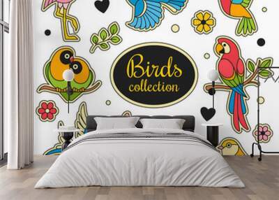 Birds patches collection. Vector illustration of cartoon doodle exotic birds, such as hummingbird, pink flamingo, parrot, toucan and swallow. Isolated on white. Wall mural