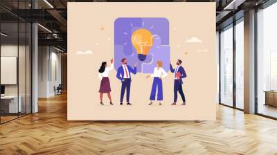 Business Brainstorm concept. Contemporary flat style abstract vector illustration of diverse people in business suits discussing a new idea in the form of a completed light bulb puzzle. Wall mural