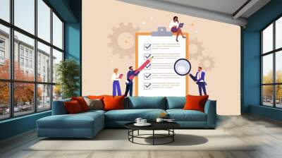 Business Checklist Concept. Vector illustration in flat style of a group of business people working around a clipboard with a document with a list of completed tasks. Isolated on background  Wall mural