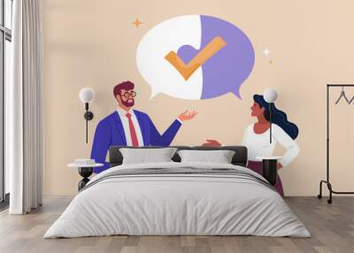 Business Discussion Concept. Vector cartoon illustration in flat style of man and woman talking to each other with big speech bubble-puzzle on top Wall mural