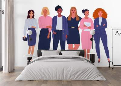 Business ladies team. Vector illustration of diverse standing cartoon women in office outfits. Isolated on white. Wall mural