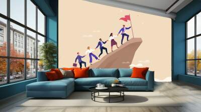 Business Leadership Concept. Vector illustration of a group of diverse people climbing up to the top of a mountain, following a leader with a flag in his hand. Isolated on background Wall mural