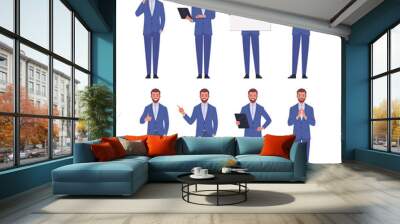 Business man positive emotions. Vector illustration of young adult smiling man in blue business suit who stands in different poses. Isolated on white  Wall mural