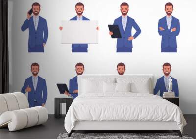 Business man positive emotions. Vector illustration of young adult smiling man in blue business suit who stands in different poses. Isolated on white Wall mural