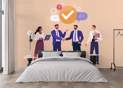 Business Meeting Concept. Vector cartoon full-length illustration in a flat style of business people with two men in suits in the center shaking hands. Isolated on background. Wall mural