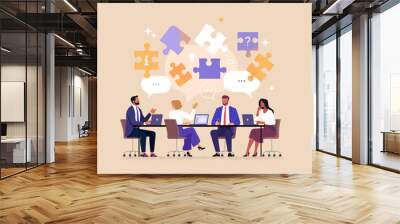 Business Team Brainstorm concept. Contemporary flat style abstract vector illustration of a group of diverse people at a desk leading a discussion with puzzle pieces above their heads. Wall mural