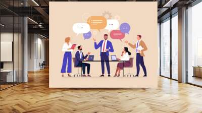 Business Team Brainstorming Concept. Vector illustration in flat style of a group of diverse people at a desk having a discussion with speech bubbles over their heads. Isolated on background Wall mural