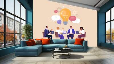 Business Team Brainstorming Concept. Vector illustration in flat style of a group of diverse people sitting at a desk and discussing an idea. Isolated on background  Wall mural