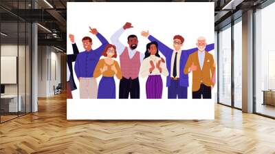 Business team of winners. Vector cartoon illustration in a flat style of a group of happy diverse people in business clothes, close up. Isolated on white Wall mural