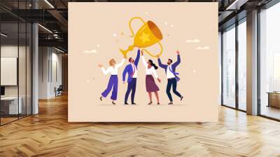 Business Team Success. Vector illustration in flat style of a diverse group of people in business suits in full growth with a large golden cup in their raised up hands. Isolated on background. Wall mural