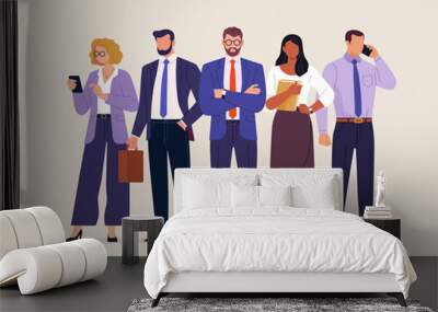 Business team. Vector illustration in simple flat style of diverse cartoon young men and women in office outfits. Isolated on background Wall mural