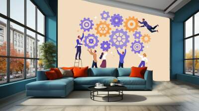 Business Teamwork concept. Contemporary flat style abstract vector illustration of a company of diverse people establishing a work process in gears. Isolated on background Wall mural