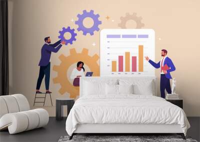 Business Teamwork Concept. Vector illustration in flat style of a group of people working on a common project with gears and an analytics dashboard. Isolated on background  Wall mural