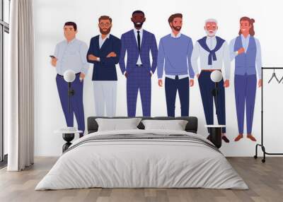 Businessmen team. Vector illustration of diverse standing cartoon men in office outfits. Isolated on white. Wall mural