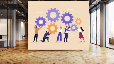 BusinessTeamwork concept. Contemporary flat style abstract vector illustration of a company of diverse people establishing a work process in the form of gears. Isolated on background Wall mural