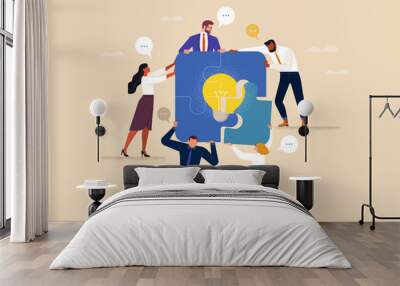 BusinessTeamwork concept. Contemporary flat style abstract vector illustration of diverse people in business suits putting together a puzzle with a burning light bulb. Isolated on background Wall mural