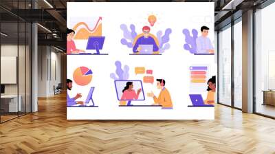 Computer work concepts. Vector illustration of a set of cartoon diverse business people in a flat style working at a computer or laptop in different directions: research, statistics, tasks, etc.  Wall mural