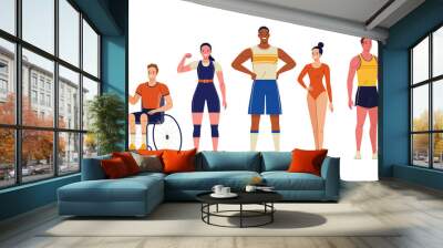 Group of athletes. Vector illustration of diverse cartoon men and women in athletic uniforms from different branches of sport: weightlifting and athletics, artistic gymnastics. Isolated on white Wall mural