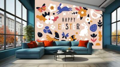 Happy Easter greeting card. Vector cartoon illustration in a modern flat style of rabbits, flowers, chicks, and Easter eggs creating trendy pattern Wall mural