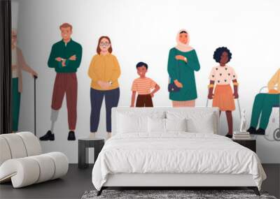 Inclusive People collection. Vector cartoon illustration in a flat style of a diverse group of people with different types of inclusiveness: LGBT, physical disability, religion, and age.  Wall mural