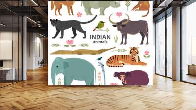 Indian animals. Vector illustration of wildlife of India, including birds,  plants and animals, such as Panther, Bengal Tiger, Jackal, Asian Elephant, Sloth Bear and Macaque. Isolated on white. Wall mural