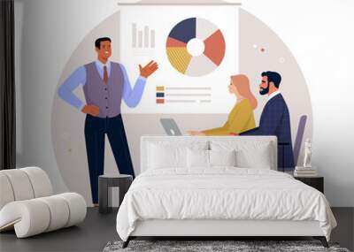 LGBT people in business. Vector cartoon illustration in a flat style of sitting man and woman at a desk with a laptop, in front of which a gay man stands against the background of a board with graphs. Wall mural