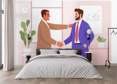 Meeting of businessmen. Vector cartoon illustration in a modern flat style of two caucasian men in suits shaking hands. Isolated on the background of the office interior Wall mural