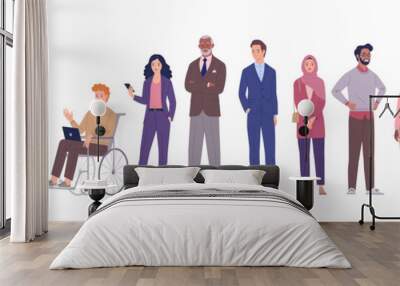 Multinational business team. Vector illustration of diverse cartoon men and women of various ethnicities, ages and body type in office outfits. Isolated on white. Wall mural