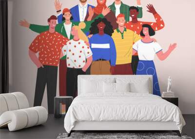 Multinational team. Vector illustration of diverse young adult people standing together  and waving their hands. Isolated on background Wall mural