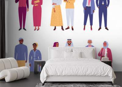 Muslim multinational couples. Vector illustration of diverse cartoon islam people in traditional, trendy and classic outfits. Isolated on white. Wall mural