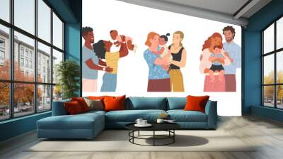 Parenthood and adoption. Vector cartoon illustration in flat style of set of young adult diverse straight and gay couples holding a baby in their arms. Isolated on white Wall mural