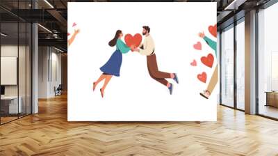 People in love collection. Vector cartoon flat illustration of diverse cartoon young people in different actions of happiness, falling in love and love sharing. Isolated on white Wall mural