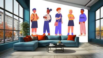 Primary School Children collection. Vector cartoon illustration of a group of diverse children, standing in full growth in casual closes with accessories. Isolated on white Wall mural