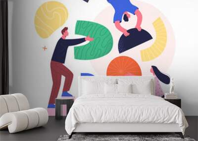 Teamwork concept. Contemporary flat style vector abstract illustration of young people in casual clothes doing a job together. Isolated on background Wall mural