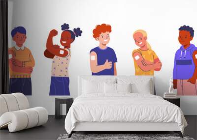 Vaccinated Children collection. Vector cartoon illustration of diverse smiling school-age children in casual clothes with plasters on their shoulders. Isolated on white Wall mural