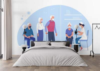 
Vaccination of the elderly against coronavirus. Vector illustration of an elderly woman vaccinated by a doctor and a queue of people waiting. Isolated on background  Wall mural